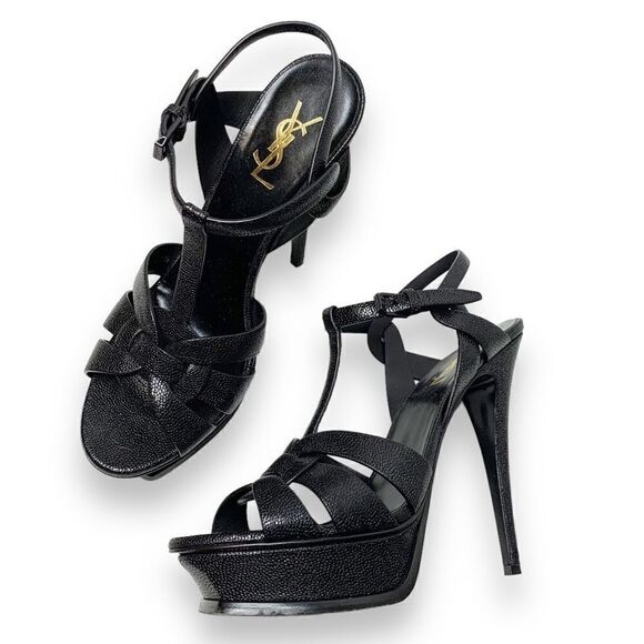 Saint Laurent Tribute Black Grained Leather Platform High Heel Sandals Size 40.5 - Picture 3 of 15